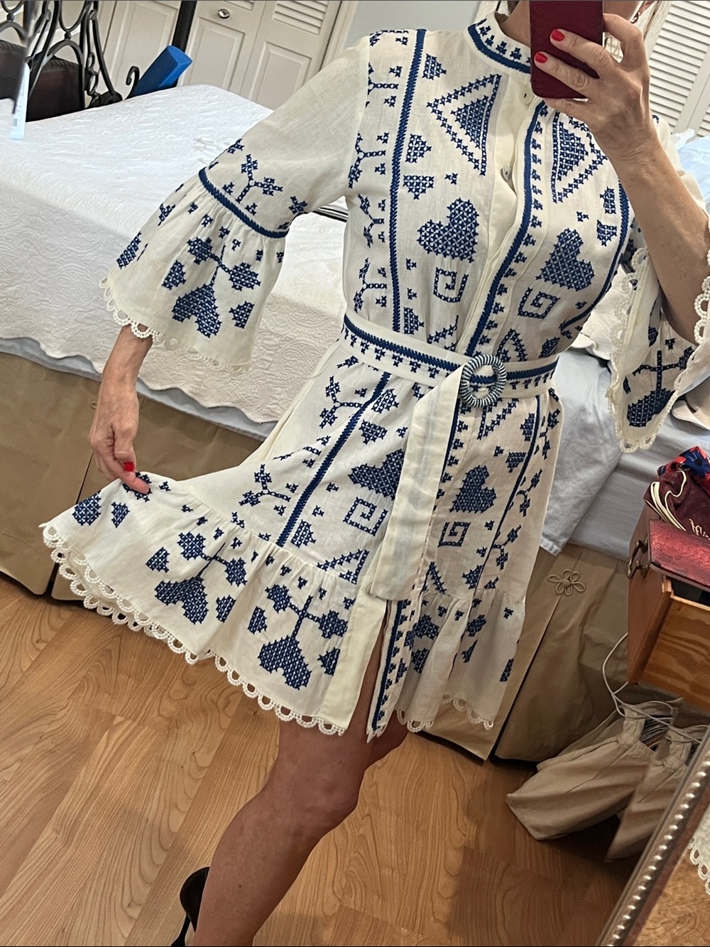 FARM Rio White Mini Dress with Blue Embroidery Crosstitch - Picture 2 of 10